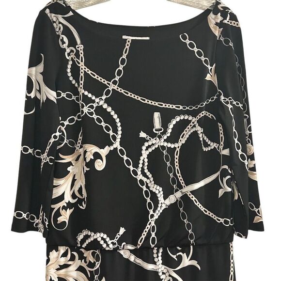 White House Black Market Women's Blouson Dress S Chain Link Print Black - Picture 2 of 16